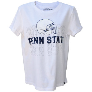 women's white cuffed short sleeve t-shirt with distressed helmet graphic and Penn State